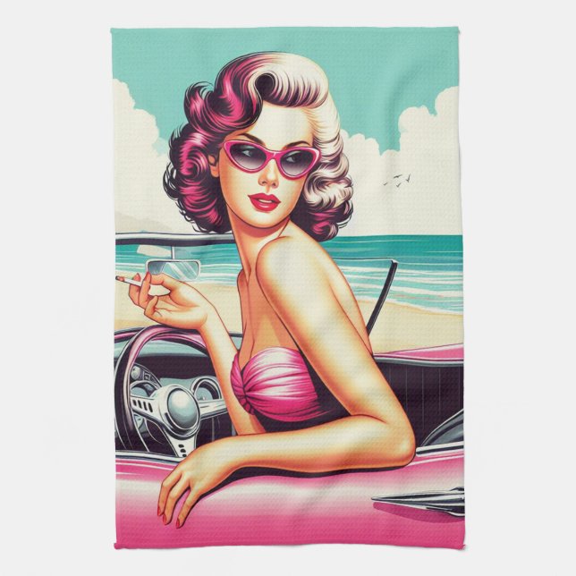 Retro Summer Girl Tea Towel (Vertical)