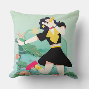 Retro Summer Girl with Watermelon and Lotus Pond A Cushion