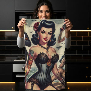 Retro Summer Gothic Pin-up Tea Towel