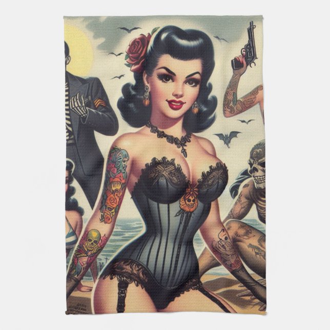 Retro Summer Gothic Pin-up Tea Towel (Vertical)