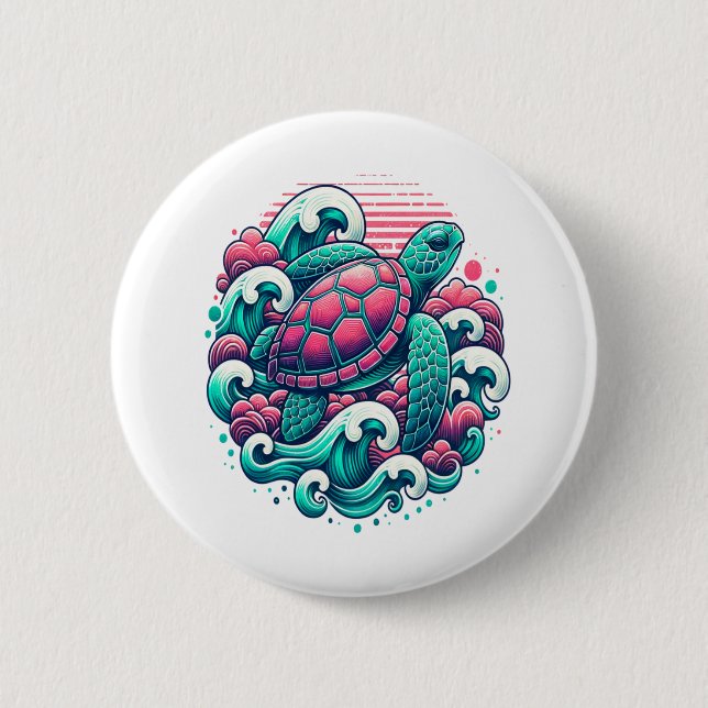 Retro Summer Ocean Wave Turtle 6 Cm Round Badge (Front)