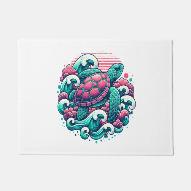 Retro Summer Ocean Wave Turtle Doormat (Front)