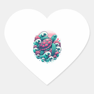 Retro Summer Ocean Wave Turtle Heart Sticker