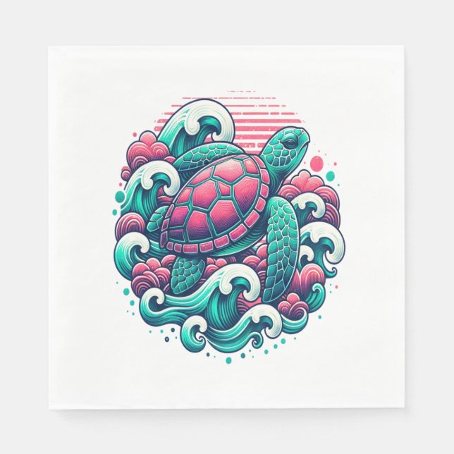 Retro Summer Ocean Wave Turtle Napkin (Front)