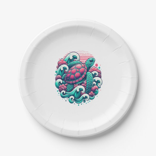 Retro Summer Ocean Wave Turtle Paper Plate (Front)