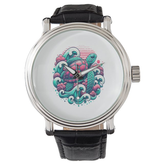 Retro Summer Ocean Wave Turtle Watch (Front)