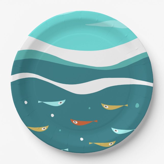 Retro Summer Ocean Waves Mid Century Modern Paper Plate (Front)