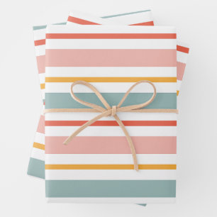 Retro Summer Pastel Striped Pink Mint And Mustard Wrapping Paper Sheet