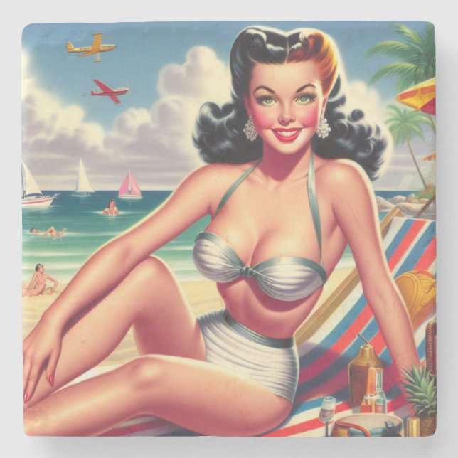 Retro Summer Pin-up Stone Coaster (Front)