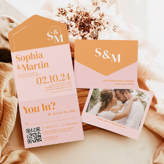 Retro Summer Pink and Orange Photo Wedding All In One Invitation