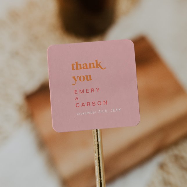 Retro Summer | Pink Orange Thank You Favour Sticke Square Sticker (Creator Uploaded)