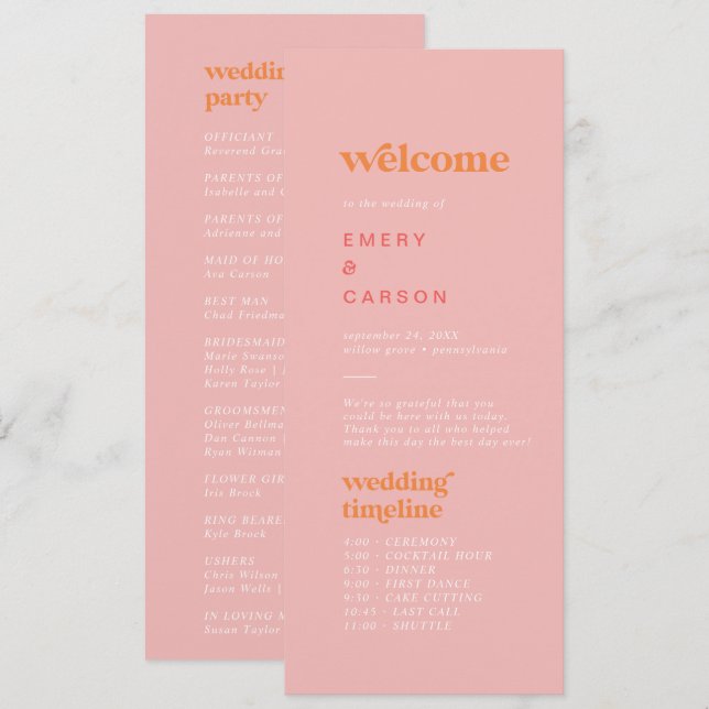 Retro Summer Pink Orange Timeline Wedding Program Programme (Front/Back)