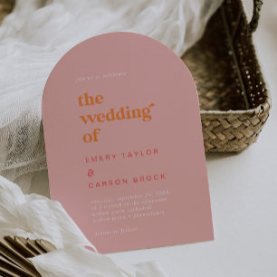 Retro Summer Pink Orange Vintage Boho Arch Wedding Invitation