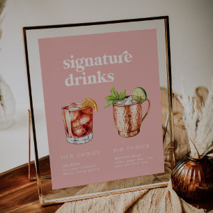 Retro Summer Pink Watercolor Signature Drinks Sign