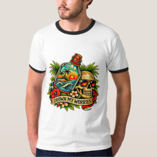 Retro Summer Skull Message in a Bottle Beach T-Shirt