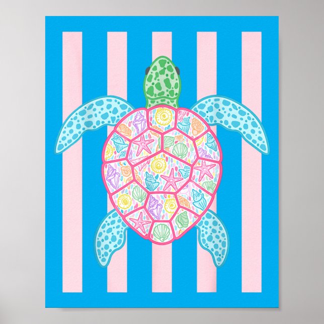 Retro Summer Stripes Preppy Beach Sea Turtle Poster (Front)