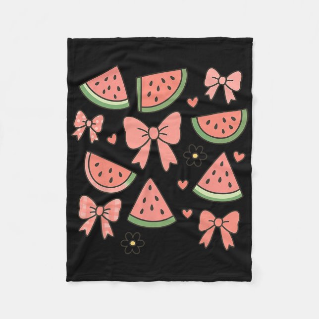 Retro Summer Vibes Coquette Bow Watermelon Summer  Fleece Blanket (Front)