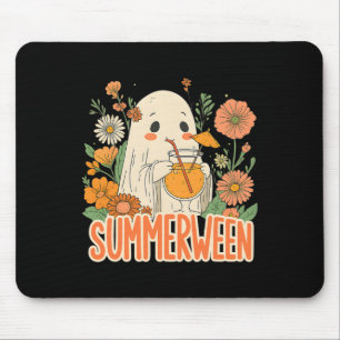 Retro Summerween Ghost Boho Floral Summer Hallowee Mouse Mat