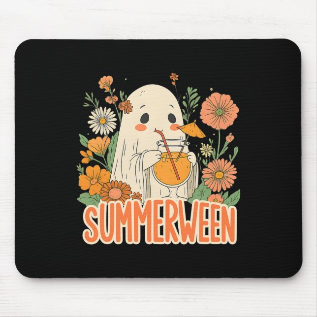 Retro Summerween Ghost Boho Floral Summer Hallowee Mouse Mat (Front)