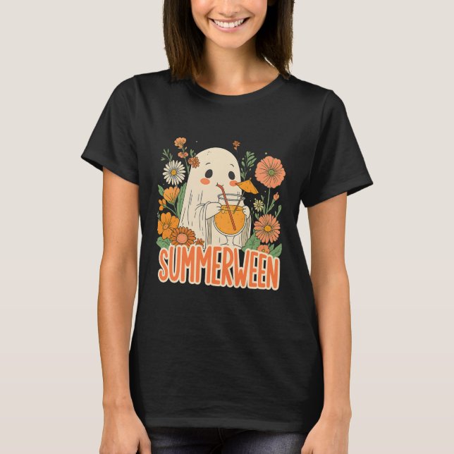 Retro Summerween Ghost Boho Floral Summer Hallowee T-Shirt (Front)