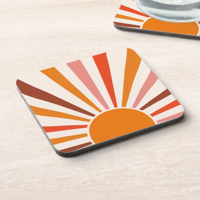 Retro Sun Burst Sunset Orange Yellow Red Pink  Coaster (Left Side)