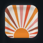 Retro Sun Burst Sunset Orange Yellow Red Pink  Paper Plate<br><div class="desc">Here comes the sun. Retro sun burst design in warm pink,  brown,  orange tones. Retro modern orange sunrays,  morning sunshine geometric abstract art.</div>