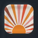 Retro Sun Burst Sunset Orange Yellow Red Pink  Paper Plate<br><div class="desc">Here comes the sun. Retro sun burst design in warm pink,  brown,  orange tones. Retro modern orange sunrays,  morning sunshine geometric abstract art.</div>