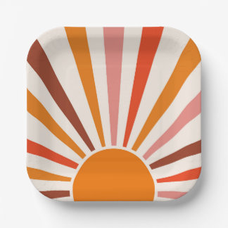 Retro Sun Burst Sunset Orange Yellow Red Pink Paper Plate