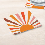 Retro Sun Burst Sunset Orange Yellow Red Pink  Square Paper Coaster<br><div class="desc">Retro sun burst design in warm pink,  brown,  orange tones. Retro modern orange sunrays,  morning sunshine geometric abstract art.</div>