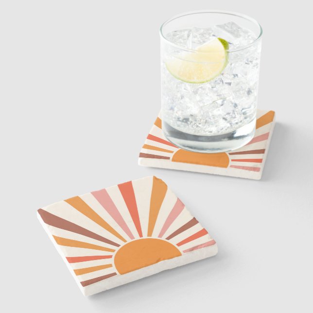 Retro Sun Burst Sunset Orange Yellow Red Pink  Stone Coaster (Side)