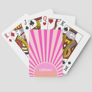 Retro Sun Burst Sunset Sunrise Hot Pink Ombre  Playing Cards