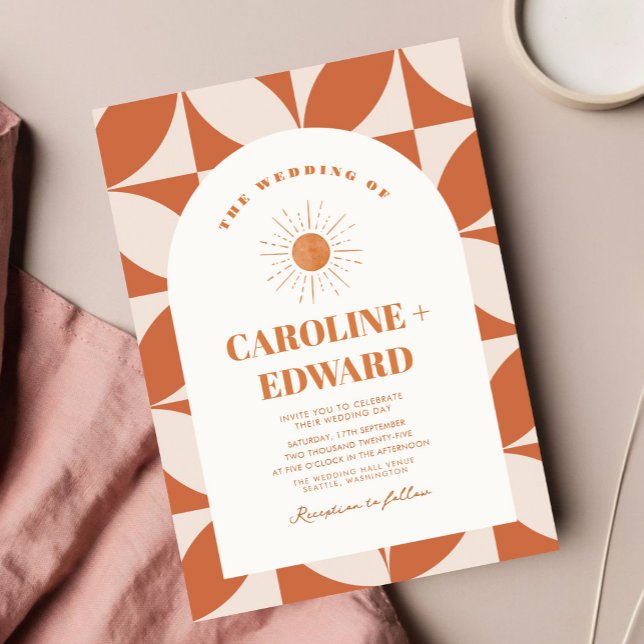 Retro Sun Colourful Wavy Boho Wedding Qr Code  Invitation (Creator Uploaded)