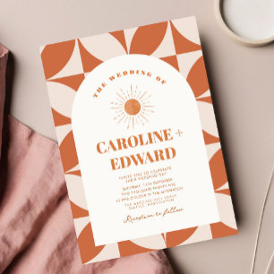 Retro Sun Colourful Wavy Boho Wedding Qr Code  Invitation