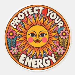 Retro Sun & Flowers Protect Your Energy Sticker - 