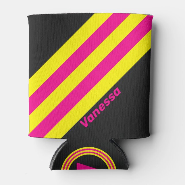 Retro Sun Glow Stripes with Name Can Cooler (Front)
