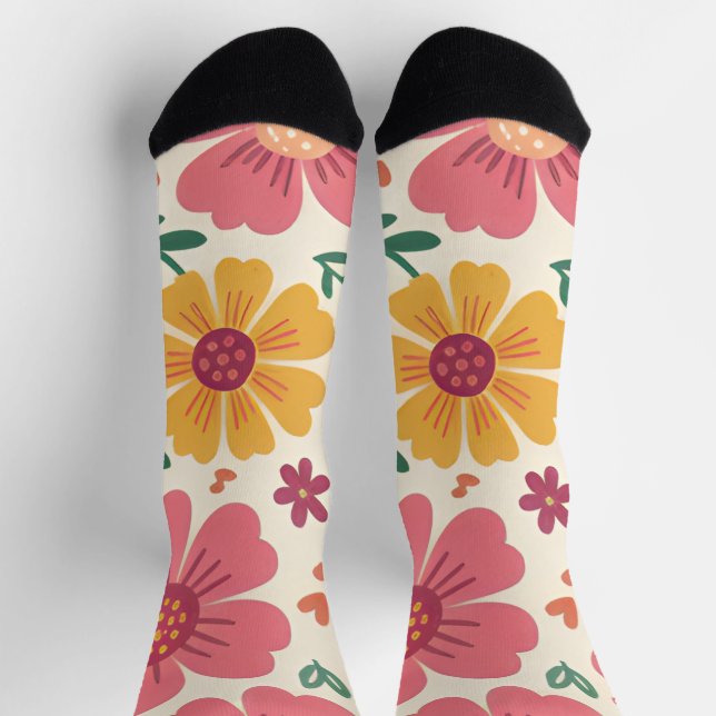 Retro Sun-Kissed Bloom & Hearts Pattern Socks (Top)