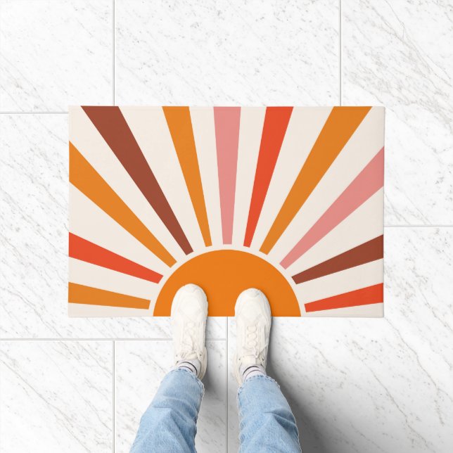 Retro Sun Rays Burst Sunset Orange Yellow Red    Doormat (Indoor)