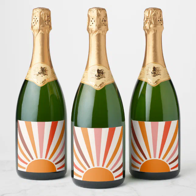 Sun Rays Label Retro Sun Rays Burst Sunset Orange Yellow Red Sparkling Wine Label | Zazzle