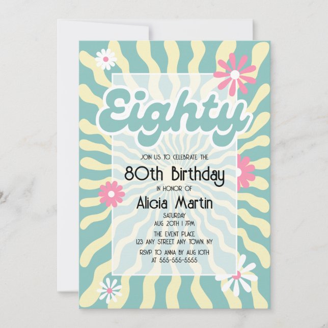 Retro Sun Wave Daisy Eighty 80th Birthday Invitation (Front)