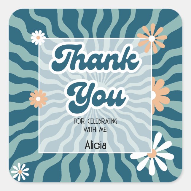 Retro Sun Wave Daisy Green Birthday Thank You Square Sticker (Front)