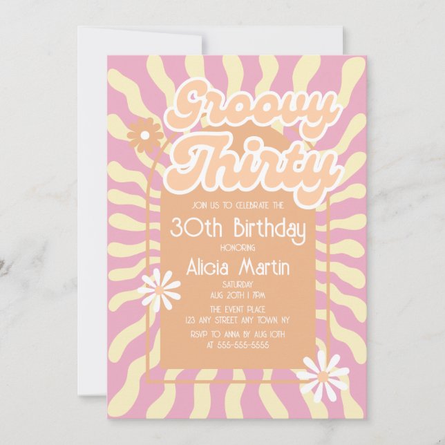 Retro Sun Wave Daisy Groovy Brown 30th Birthday Invitation (Front)