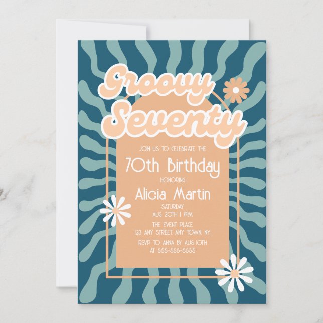 Retro Sun Wave Daisy Groovy Brown 70th Birthday Invitation (Front)
