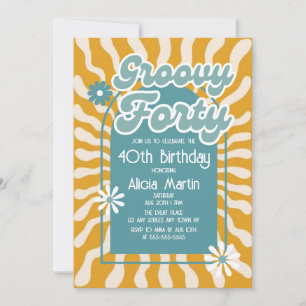 Retro Sun Wave Daisy Groovy Green 40th Birthday Invitation