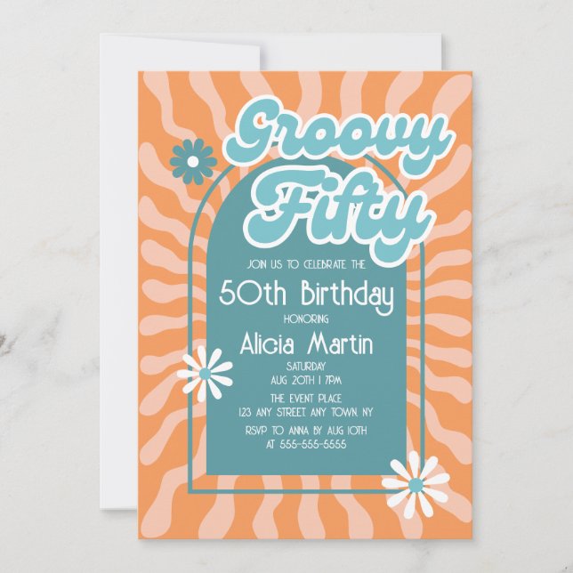Retro Sun Wave Daisy Groovy Green 50th Birthday Invitation (Front)