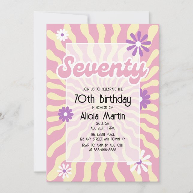Retro Sun Wave Daisy Pink 70th Birthday Invitation (Front)
