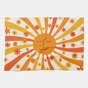 Retro Sun With Hippie Flowers Sunshine  Tea Towel