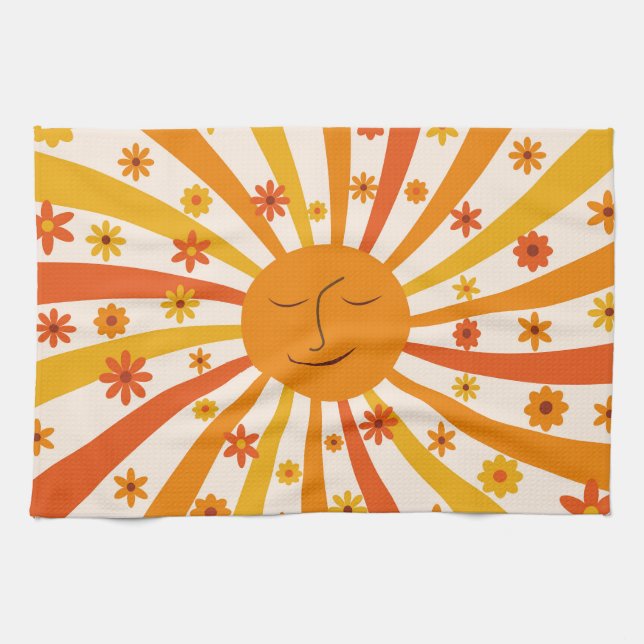 Retro Sun With Hippie Flowers Sunshine  Tea Towel (Horizontal)