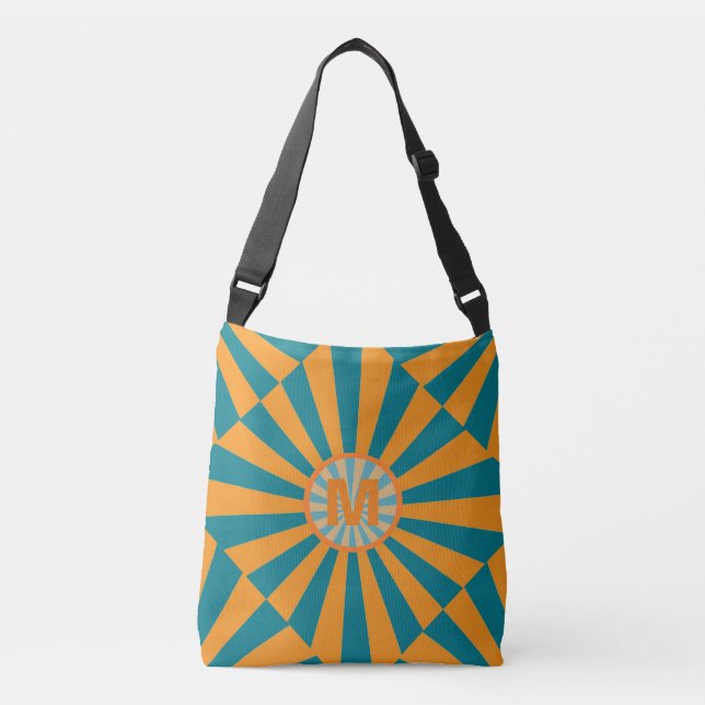 Retro Sunbeam Blue Orange Cool Striped Monogram Crossbody Bag (Front)