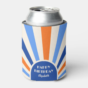 Retro Sunburst Arch Typography Birthday Blue Can Cooler