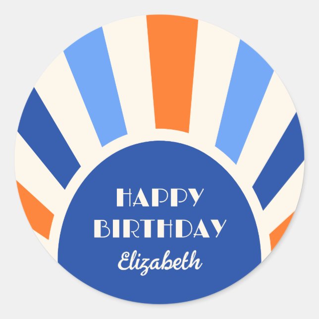 Retro Sunburst Arch Typography Birthday Blue Classic Round Sticker (Front)